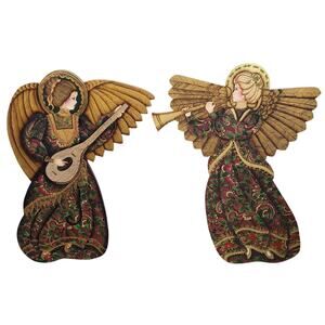 Set Of 2 Vintage Hand Painted Wooden Christmas Angel Herald 20" Tall Red & Green